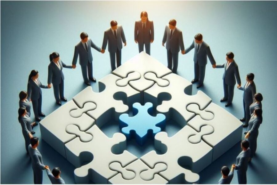 Illustration of separate business teams converging into one integrated unit